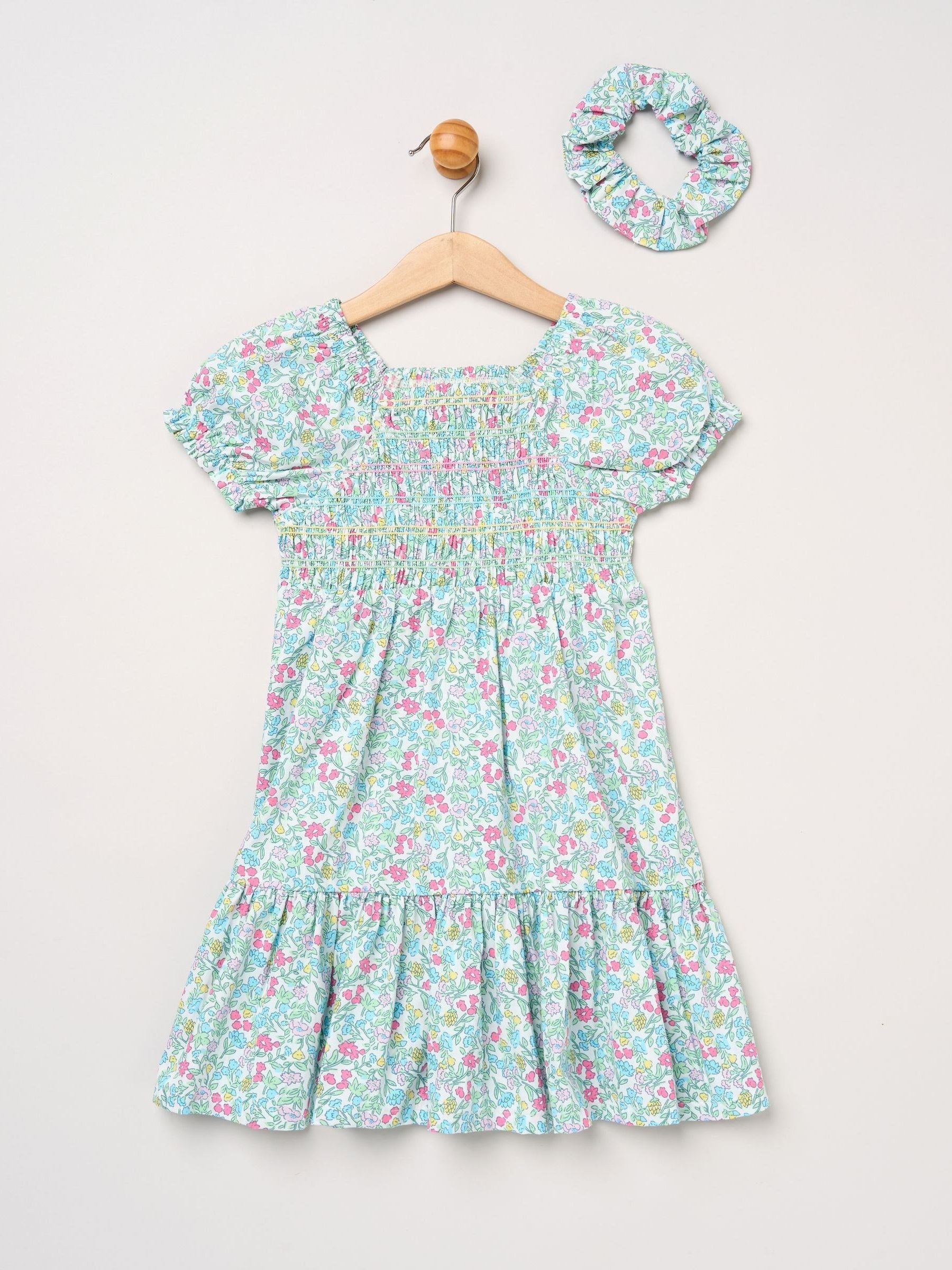 Miss Blue Floral Embroidered Smocked Dress With Scrunchie Set image 1