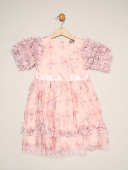 Dsiney Kidz - Miss Pink Floral Mesh Dress with Ruffle Sleeves image 1