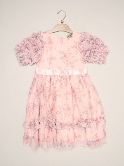 Dsiney Kidz - Miss Pink Floral Mesh Dress with Ruffle Sleeves image 2