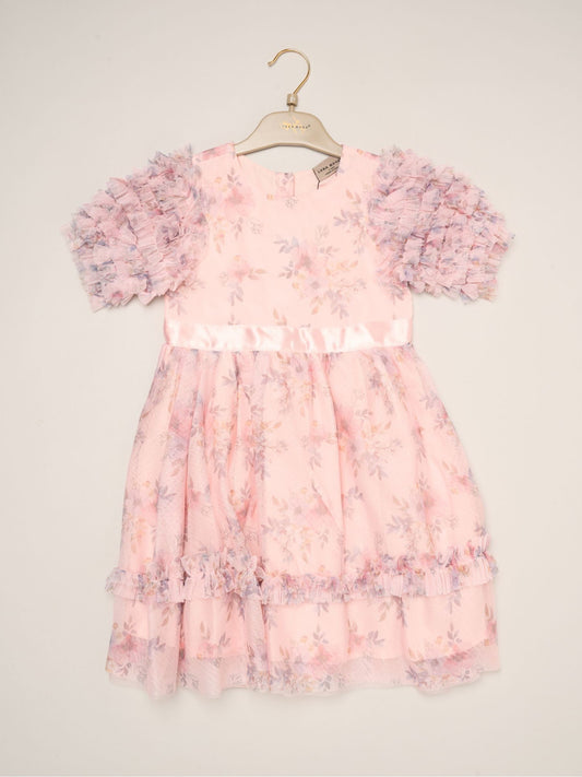 Dsiney Kidz - Miss Pink Floral Mesh Dress with Ruffle Sleeves image 2