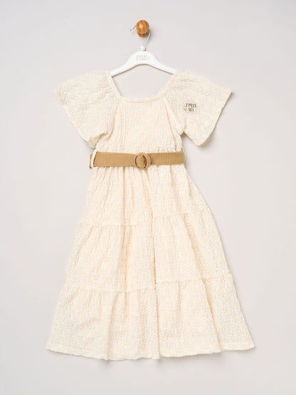 Miss White Textured Dress And Belt Outfit Set image 1