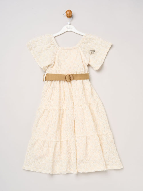 Dsiney Kidz - Miss White Textured Dress And Belt Outfit Set image 1