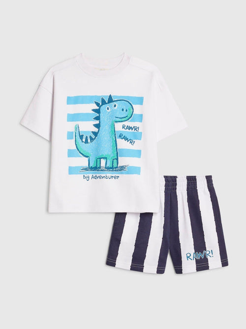 River Island White Dinosaur T-Shirt And Striped Shorts Set image 1