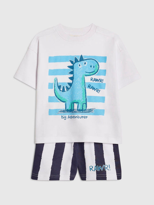 River Island White Dinosaur T-Shirt And Striped Shorts Set image 2