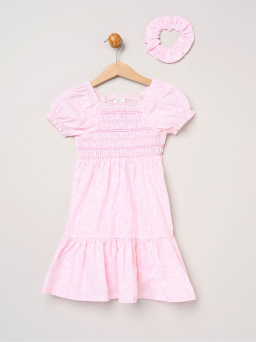 Dsiney Kidz - Miss Pink Floral Smocked Embroidery Dress With Matching Scrunchie Set image 1