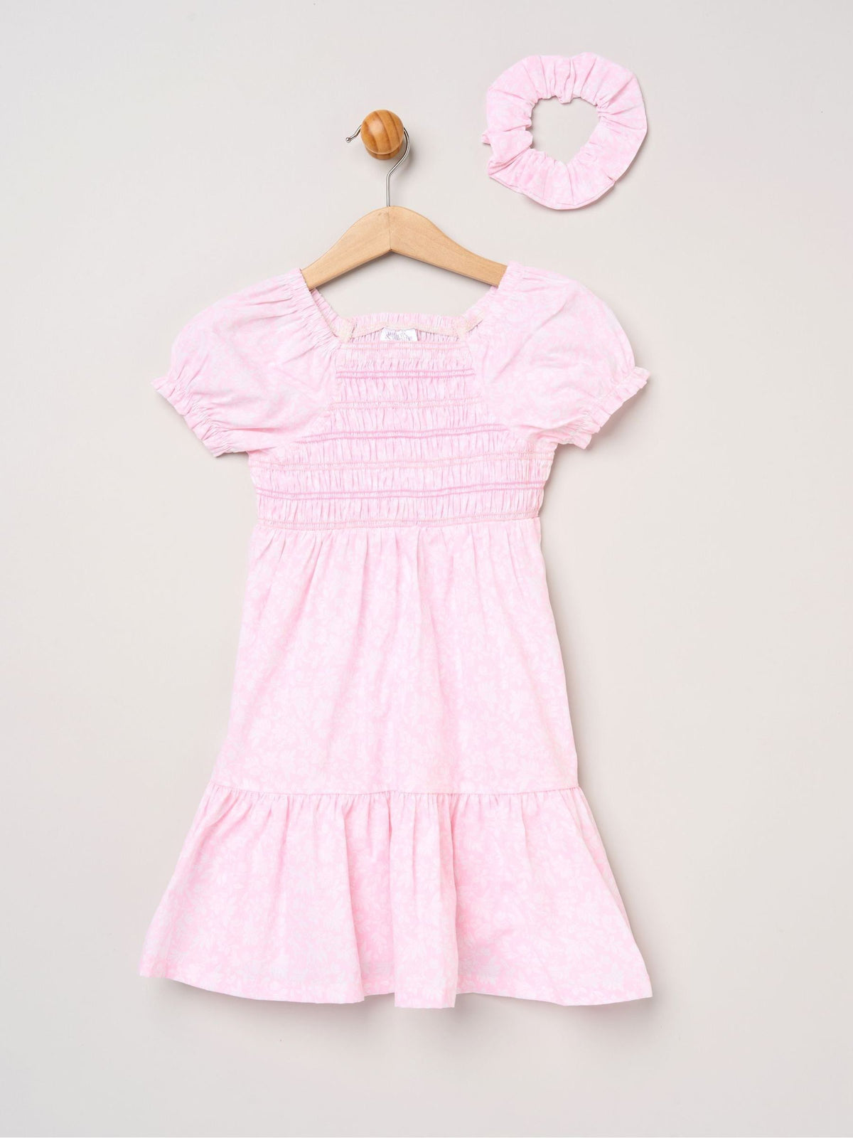 Dsiney Kidz - Miss Pink Floral Smocked Embroidery Dress With Matching Scrunchie Set image 1