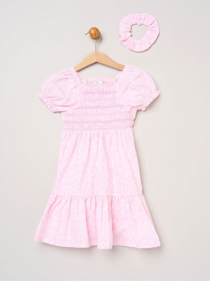 Miss Pink Floral Smocked Embroidery Dress With Matching Scrunchie Set image 1