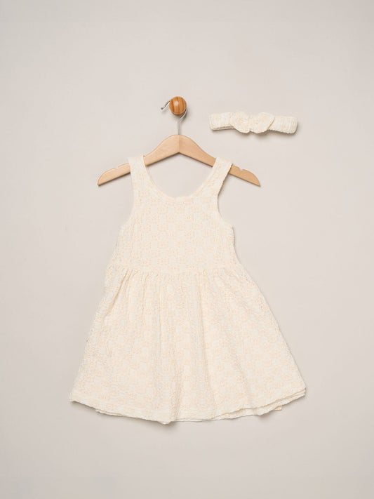 Miss White Textured Dress And Headband Outfit Set image 1