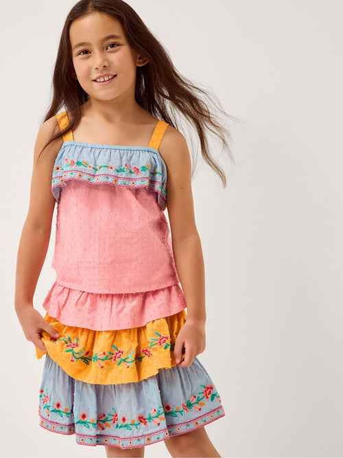Dsiney Kidz - Monsoon Pink Floral Embroidered Colourblock Top & Skirt Set image 1