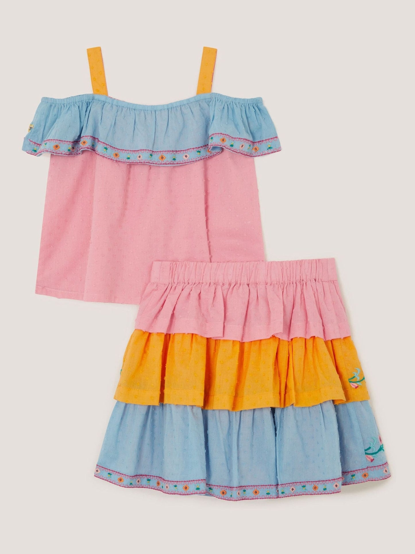 Monsoon Pink Floral Embroidered Colourblock Top & Skirt Set image 3