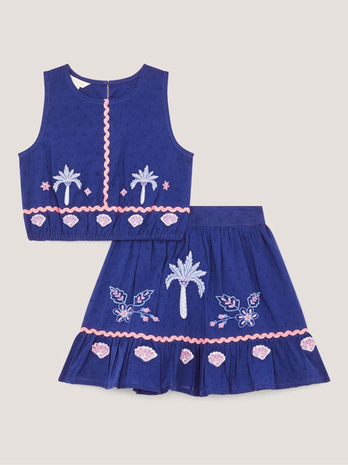 Dsiney Kidz - Monsoon Blue Coastal Embroidered Top & Skirt Set image 1