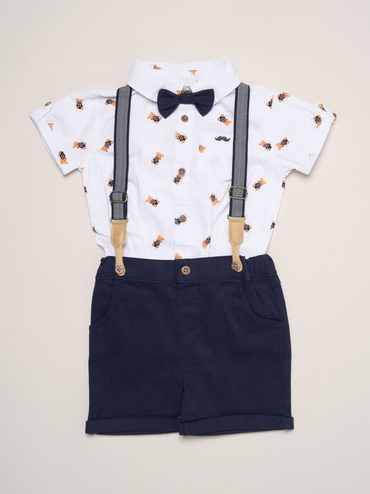 Little Gent Blue Mock Shirt Bear Print Bodysuit Bowtie And Shorts With Braces Outfit Set image 1