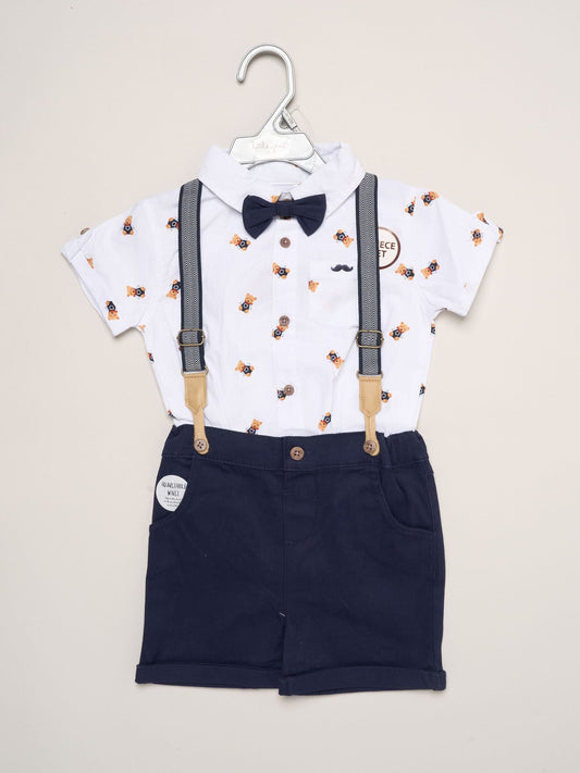 Little Gent Blue Mock Shirt Bear Print Bodysuit Bowtie And Shorts With Braces Outfit Set image 2