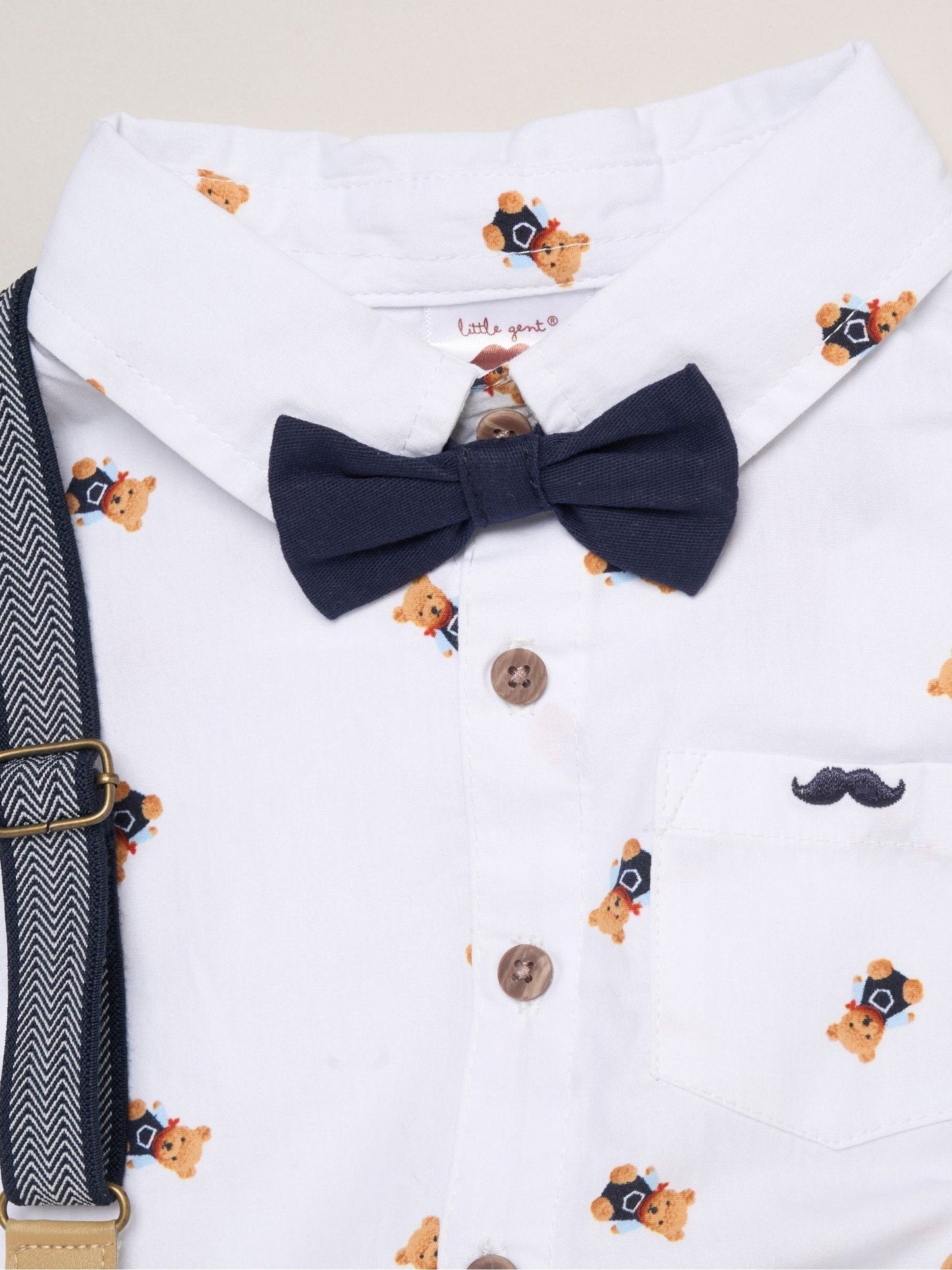Little Gent Blue Mock Shirt Bear Print Bodysuit Bowtie And Shorts With Braces Outfit Set image 3