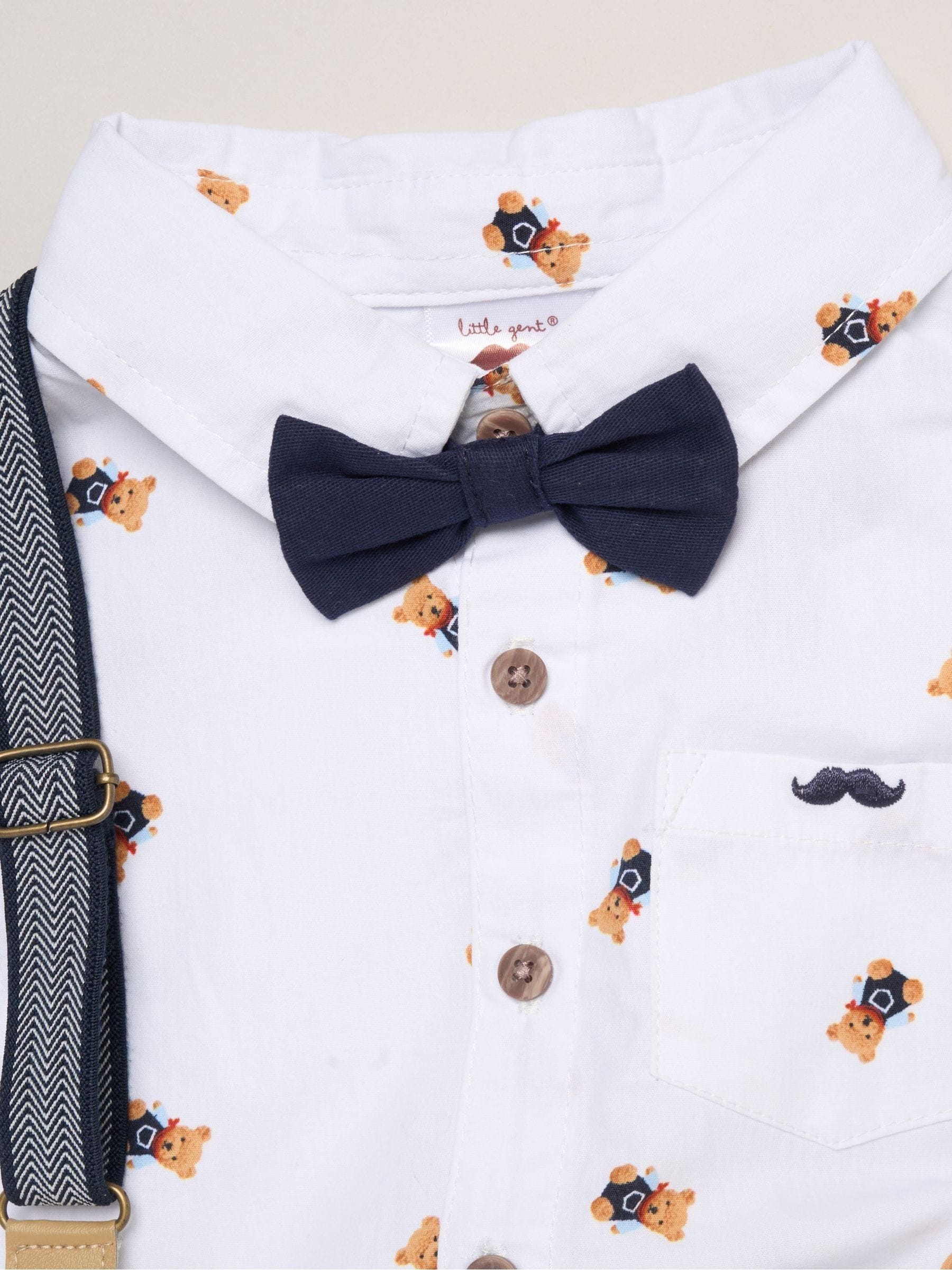 Little Gent Blue Mock Shirt Bear Print Bodysuit Bowtie And Shorts With Braces Outfit Set image 3