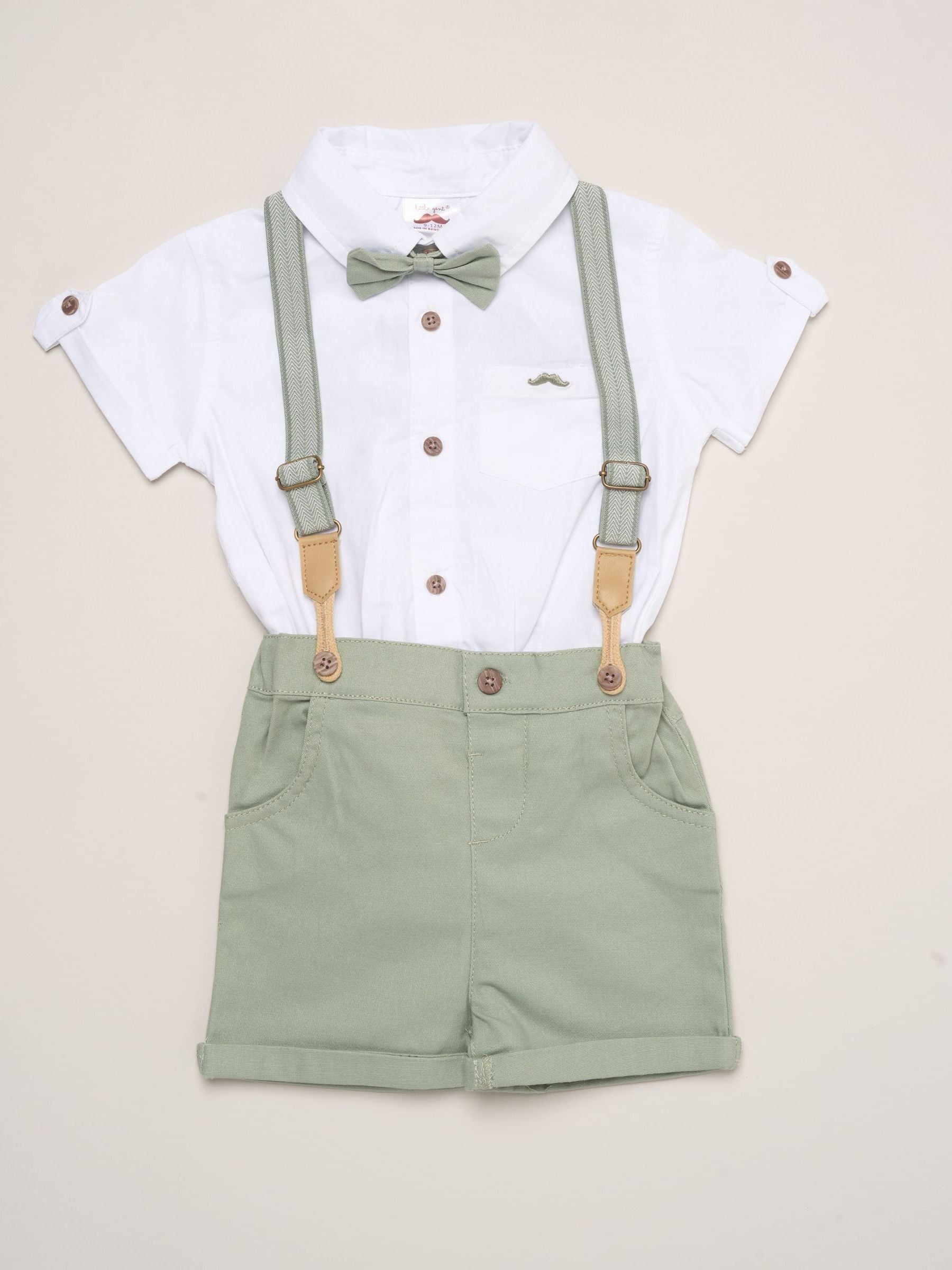Little Gent Green Mock Shirt Bodysuit Shorts And Bowtie Outfit Set image 1