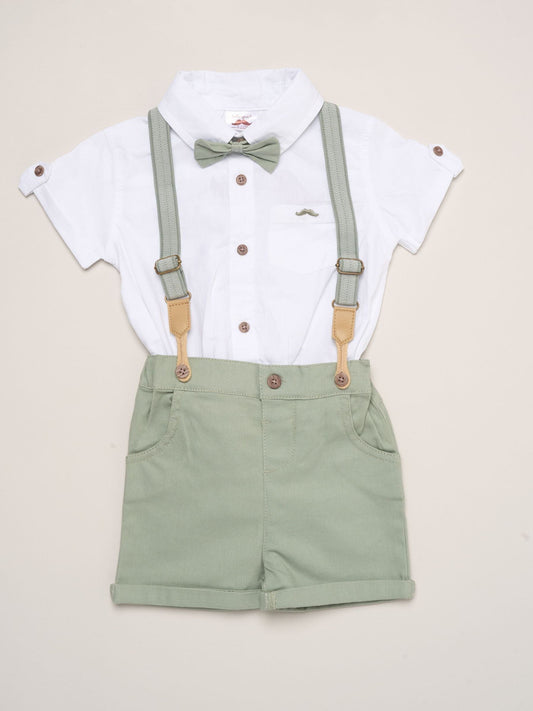 Little Gent Green Mock Shirt Bodysuit Shorts And Bowtie Outfit Set image 1