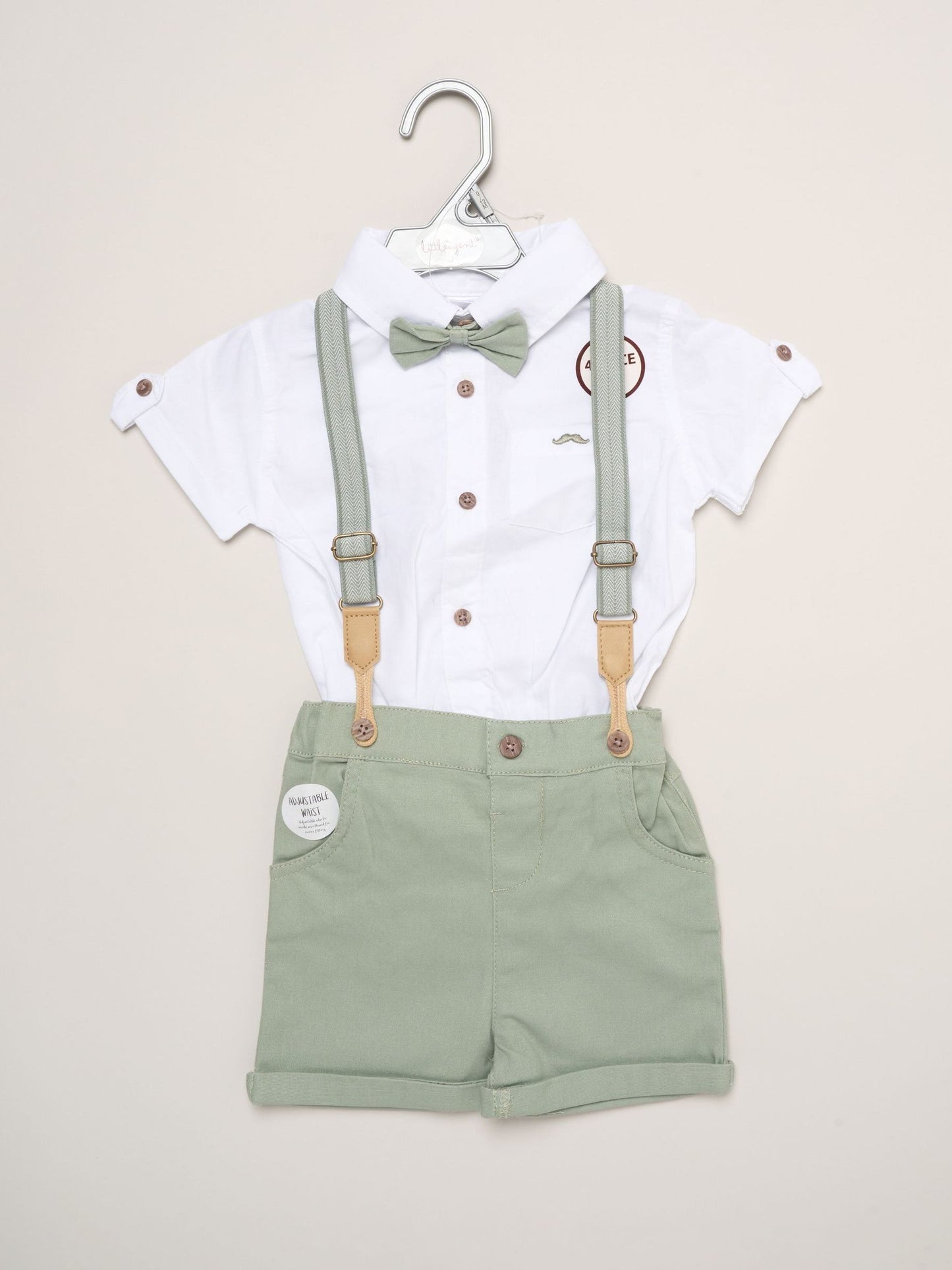 Little Gent Green Mock Shirt Bodysuit Shorts And Bowtie Outfit Set image 2