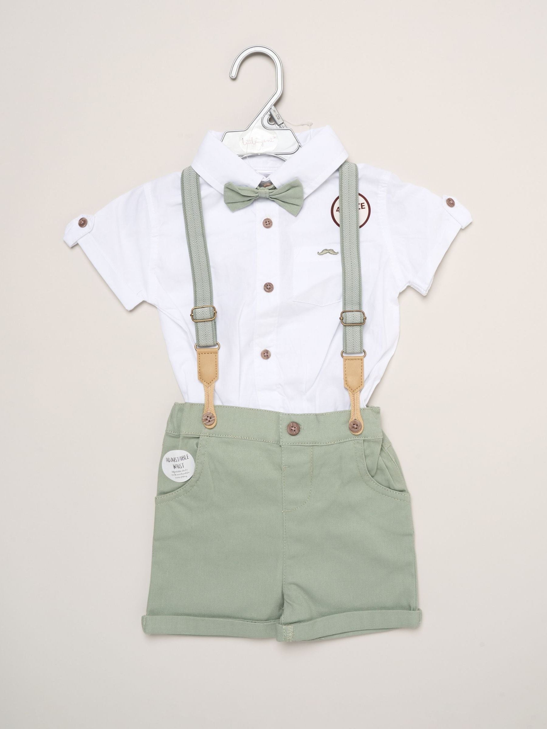 Little Gent Green Mock Shirt Bodysuit Shorts And Bowtie Outfit Set image 2
