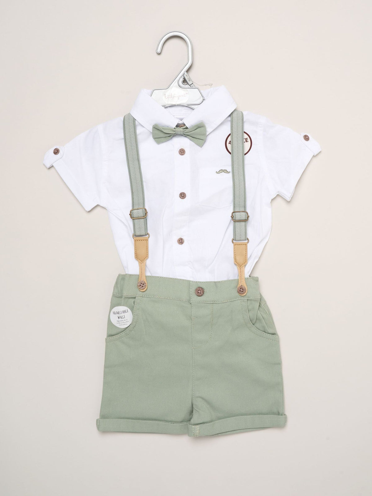 Dsiney Kidz - Little Gent Green Mock Shirt Bodysuit Shorts And Bowtie Outfit Set image 2