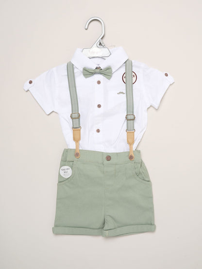 Little Gent Green Mock Shirt Bodysuit Shorts And Bowtie Outfit Set image 2