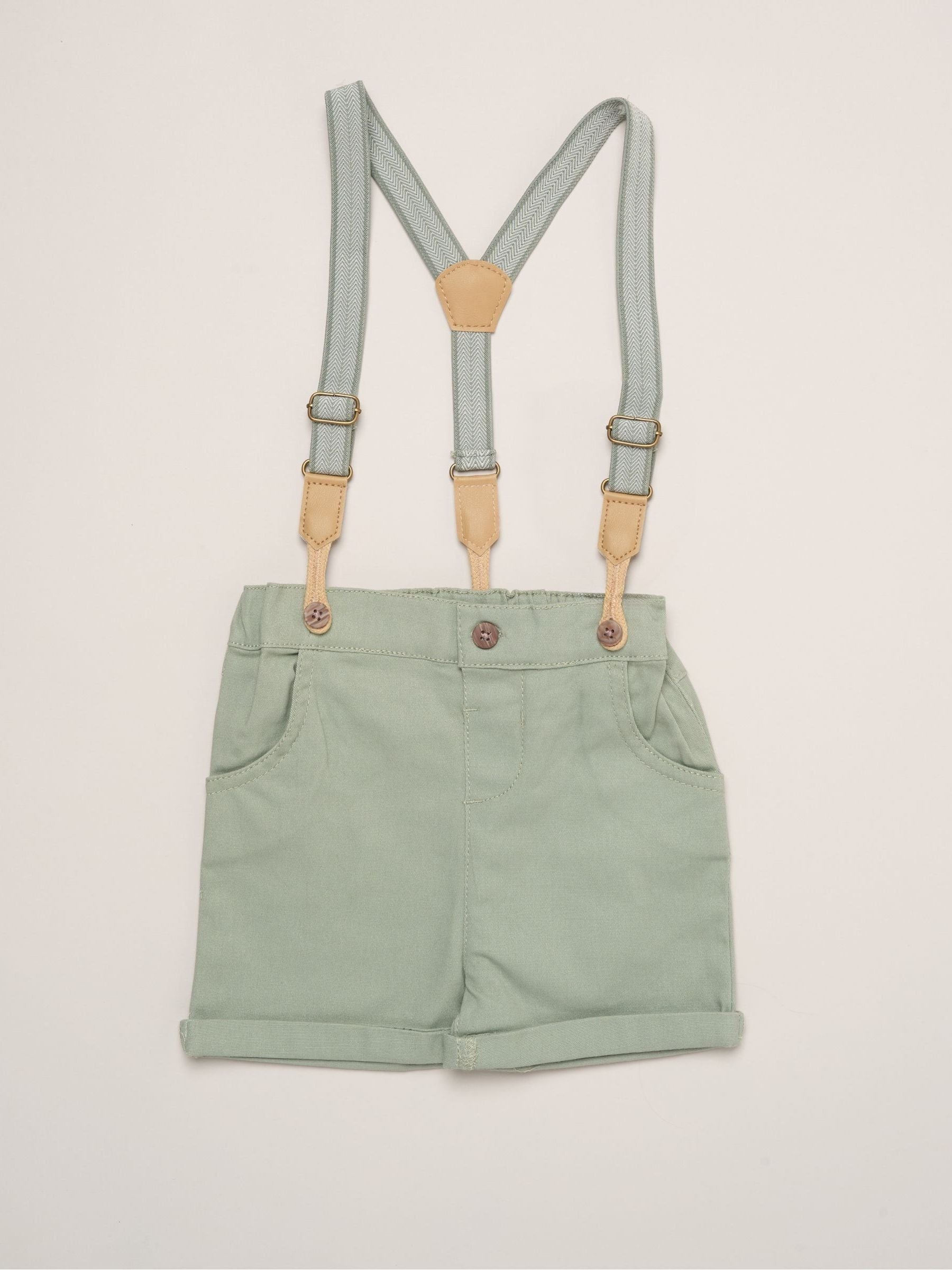 Little Gent Green Mock Shirt Bodysuit Shorts And Bowtie Outfit Set image 3