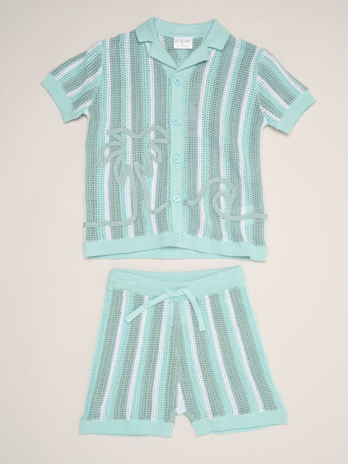 Little Gent Blue Beach Embroidered True Knit Stripe Shirt And Shorts Set image 1
