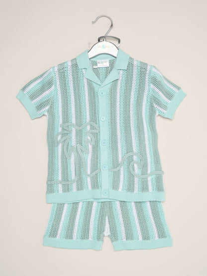 Little Gent Blue Beach Embroidered True Knit Stripe Shirt And Shorts Set image 2