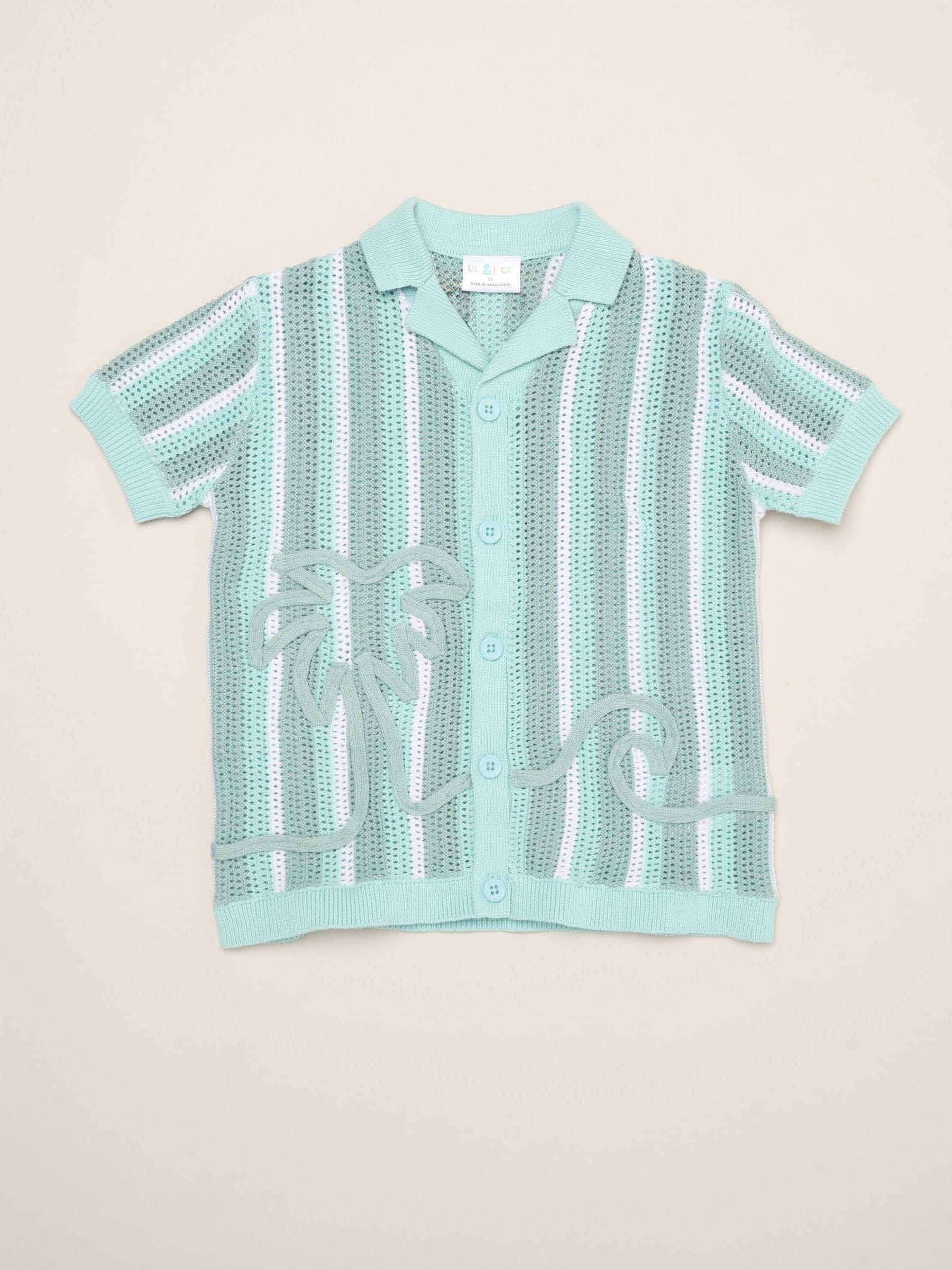 Little Gent Blue Beach Embroidered True Knit Stripe Shirt And Shorts Set image 3