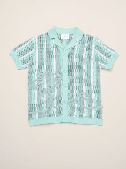 Little Gent Blue Beach Embroidered True Knit Stripe Shirt And Shorts Set image 3