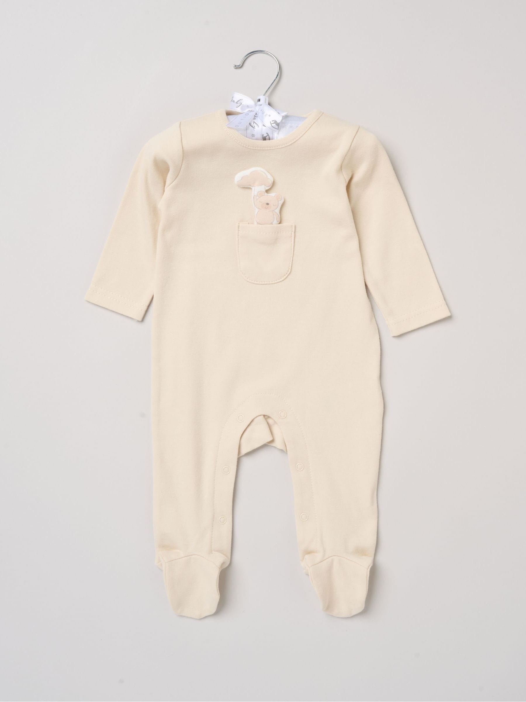 Rock-A-Bye Baby Boutique Light Beige Sleepsuit With Appliqué Bear With Cloud Pocket image 1