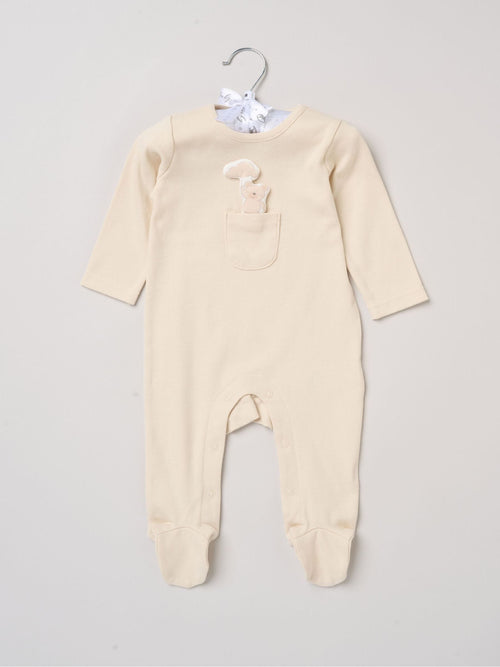 Rock-A-Bye Baby Boutique Light Beige Sleepsuit With Appliqué Bear With Cloud Pocket image 1
