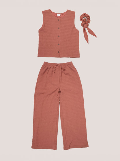Miss Red Textured Top Wide Leg Trousers And Scrunchie Outfit Set image 1