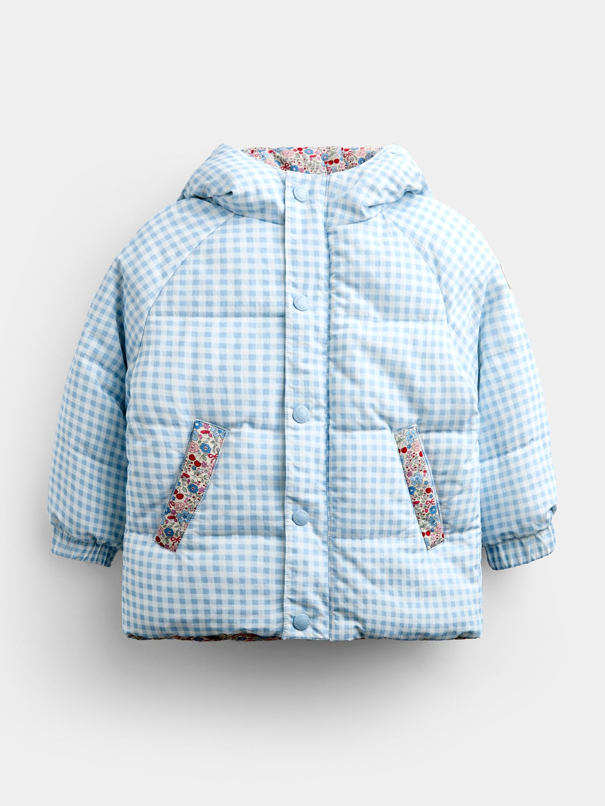 JoJo Maman Bébé Light Blue Gingham Reversible Puffer Coat - image 2
