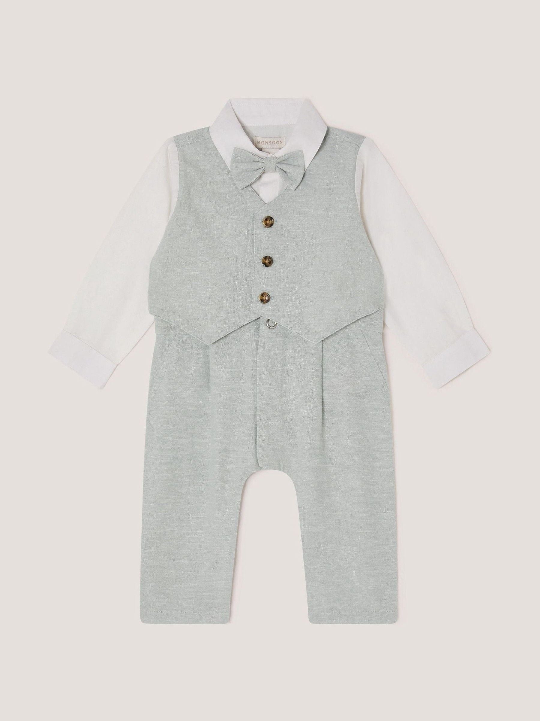 Monsoon Sage Green Newborn Arlo Waistcoat Romper image 1