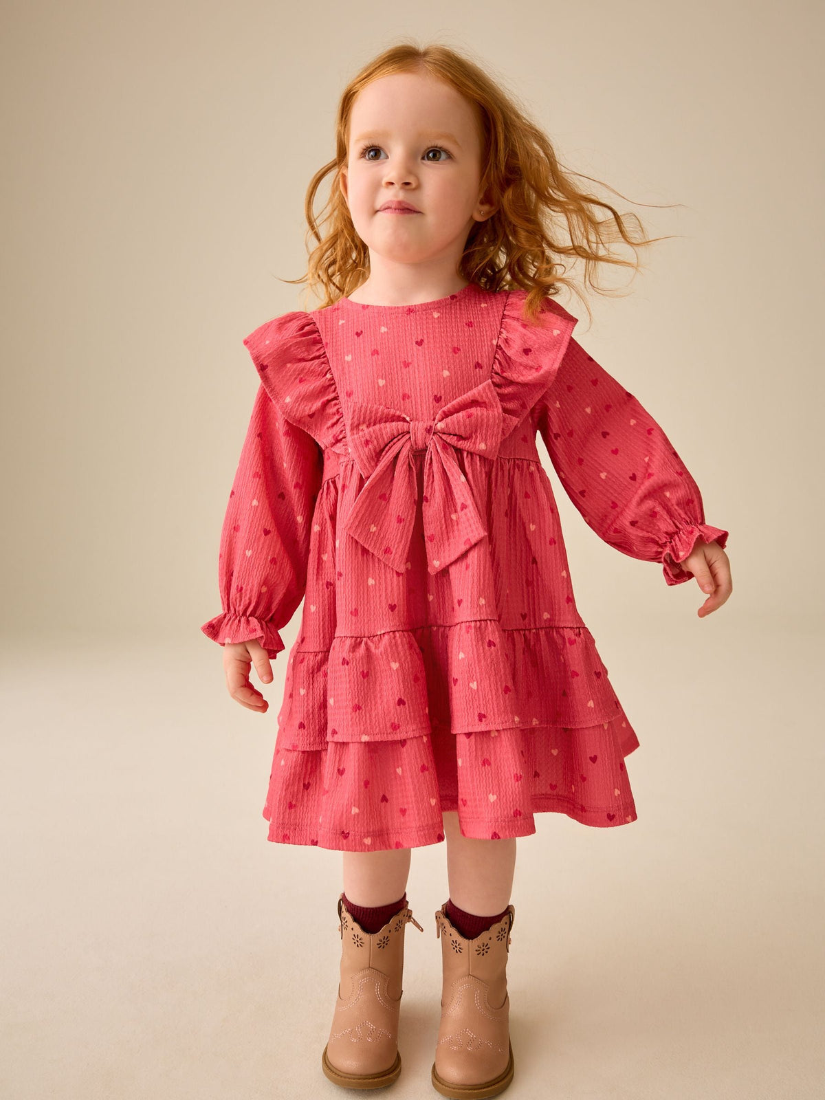 Dsiney Kidz - Pink Hearts Long Sleeve Tiered Dress (3mths-7yrs) image 1