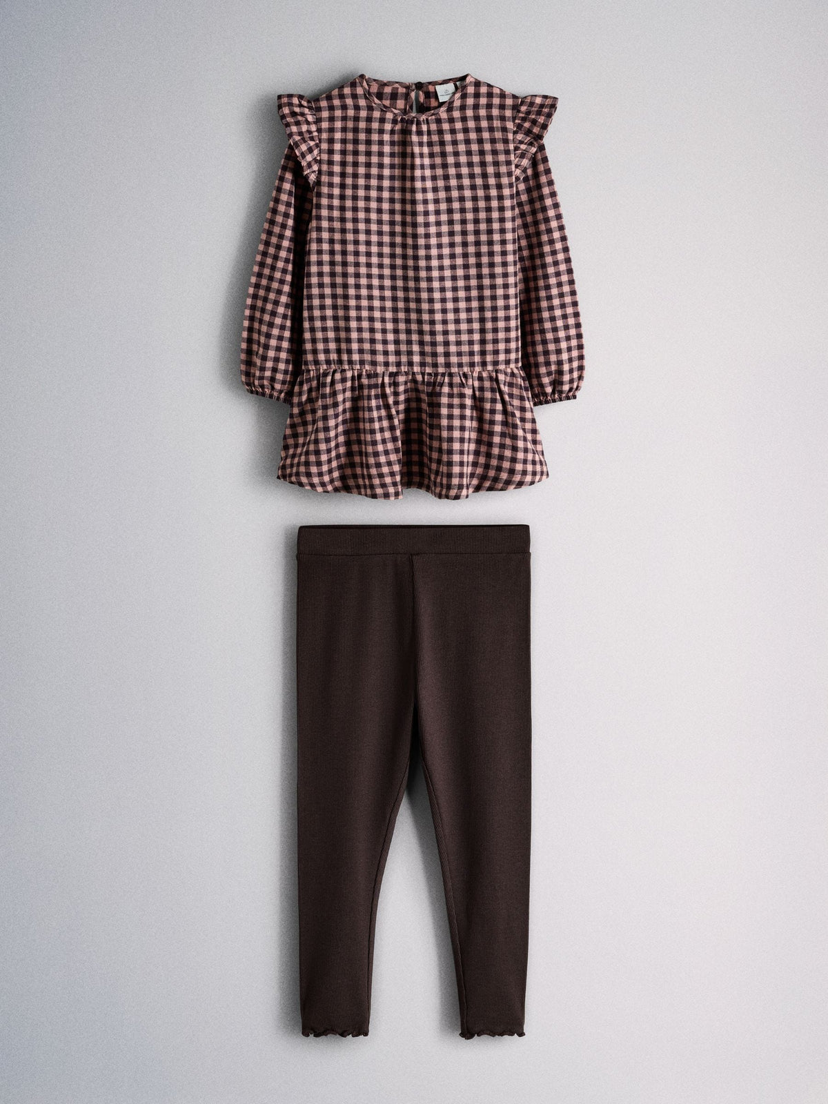 The Set Long Sleeve Brushed Flannel Check Dress and Ribbed Leggings Set Pink/Chocolate Brown - image 1