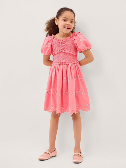 Monsoon Pink Embroidered Puff Sleeve Smocked Dress image 1