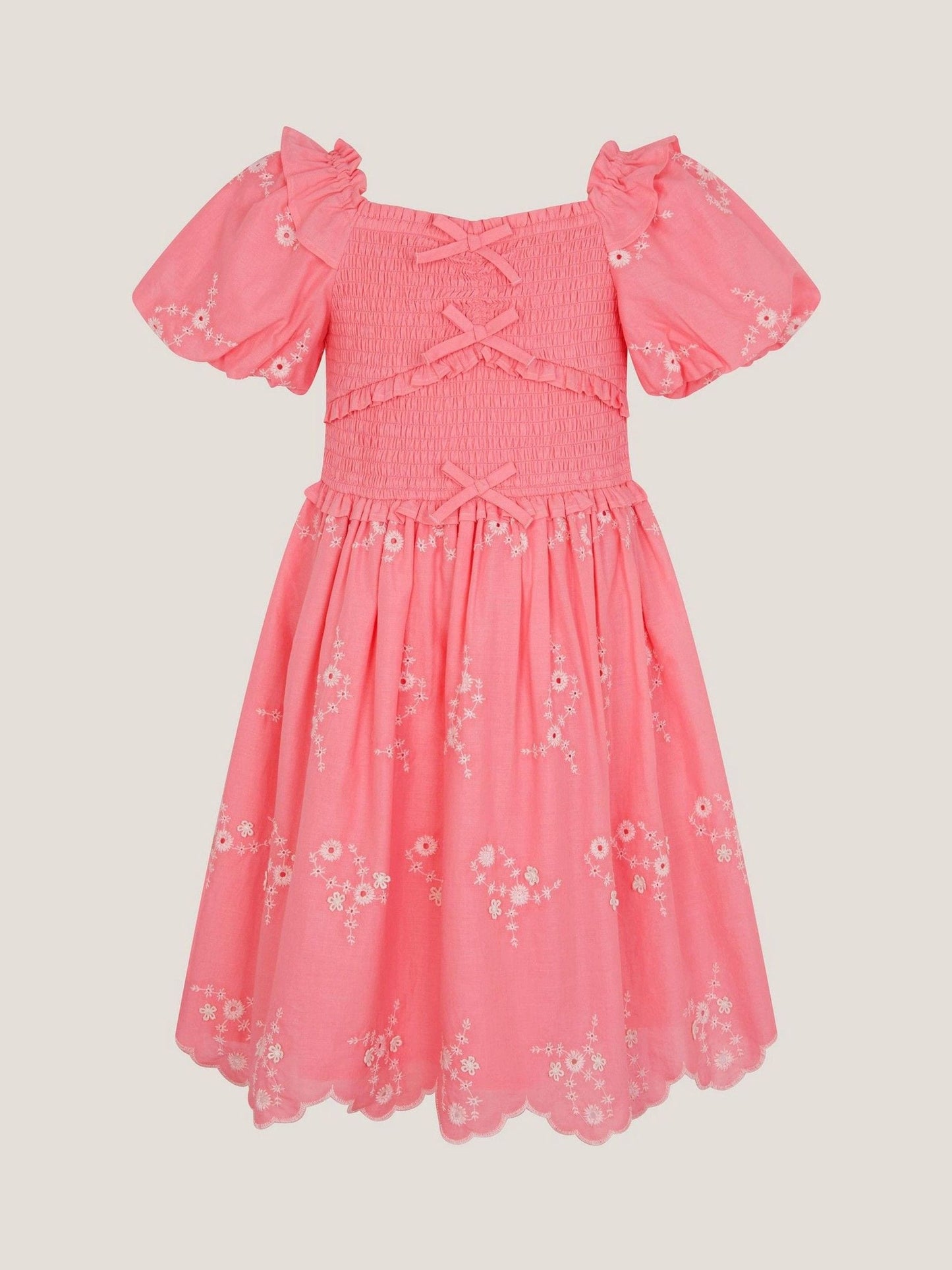Monsoon Pink Embroidered Puff Sleeve Smocked Dress image 2