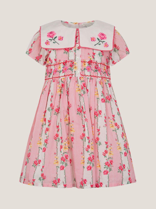 Monsoon Pink Baby Floral Stripe Square Collar Dress image 1