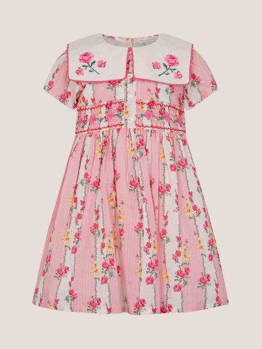 Monsoon Pink Baby Floral Stripe Square Collar Dress image 1