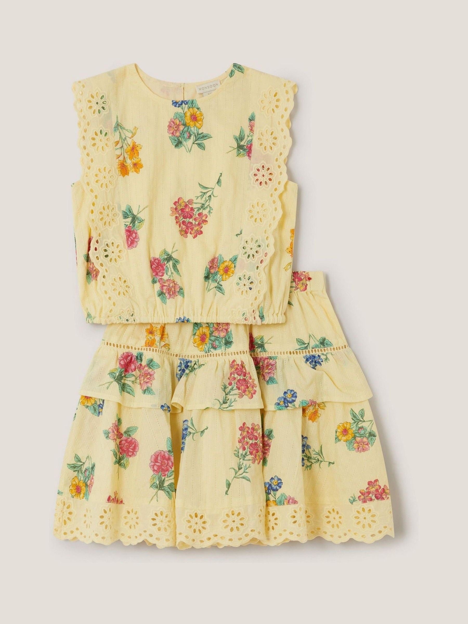 Monsoon Yellow Sasha Broderie Floral Top & Skirt Set image 2