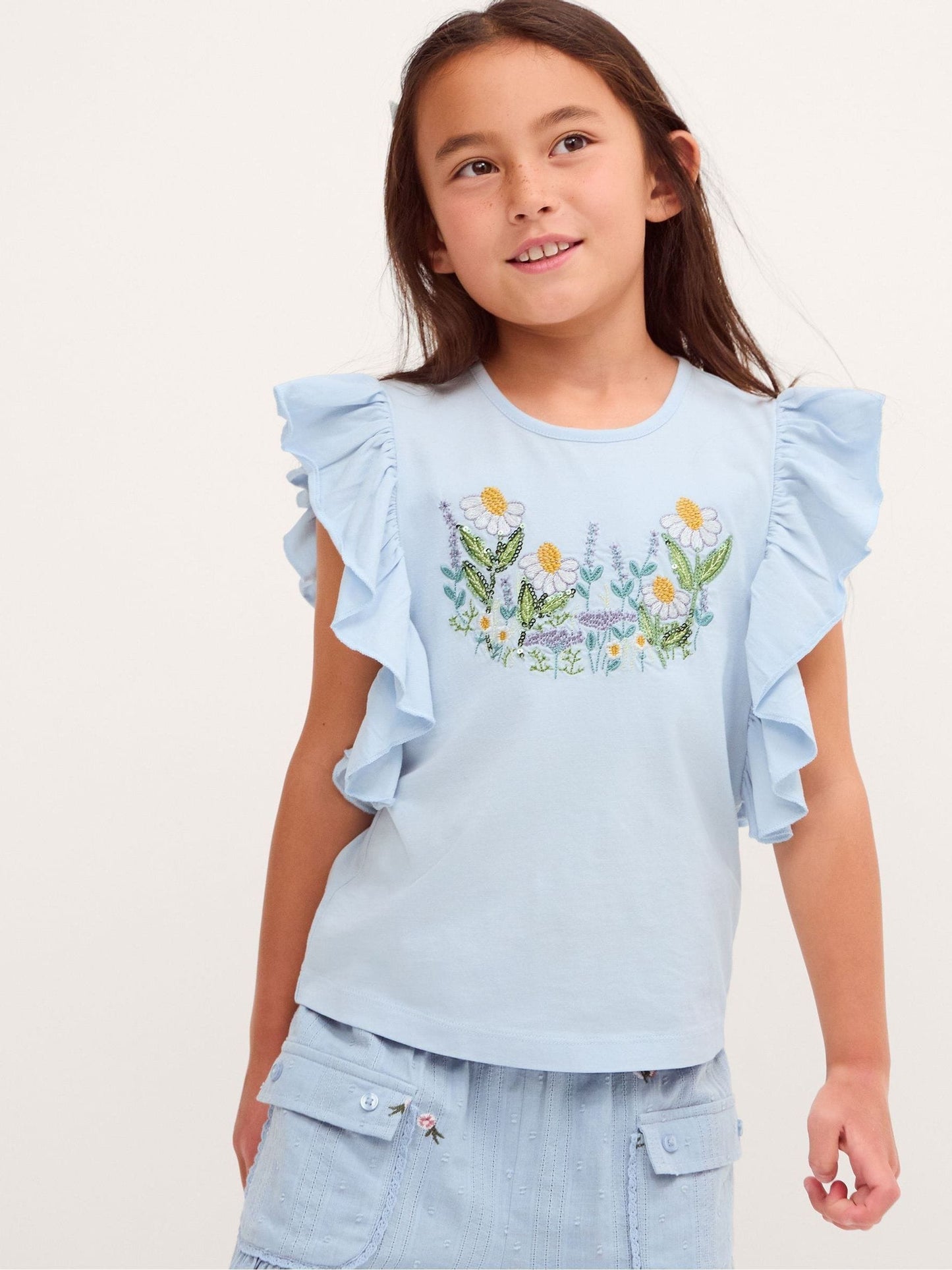 Monsoon Blue Floral Embroidered Frill T-Shirt image 1