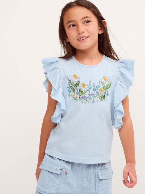 Monsoon Blue Floral Embroidered Frill T-Shirt image 1