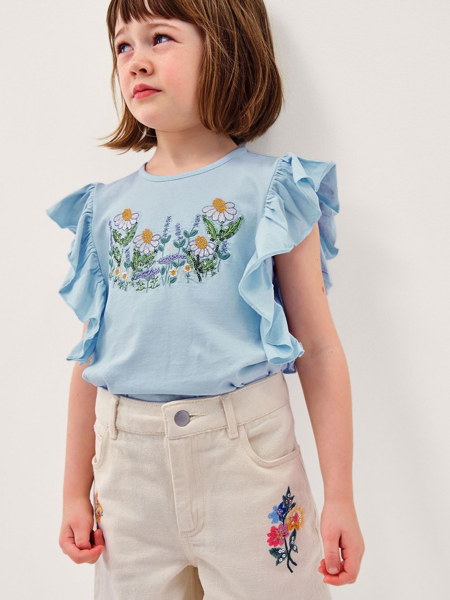 Monsoon Blue Floral Embroidered Frill T-Shirt image 2