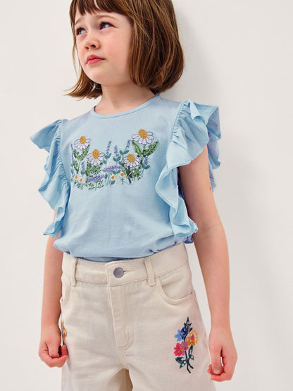 Monsoon Blue Floral Embroidered Frill T-Shirt image 2