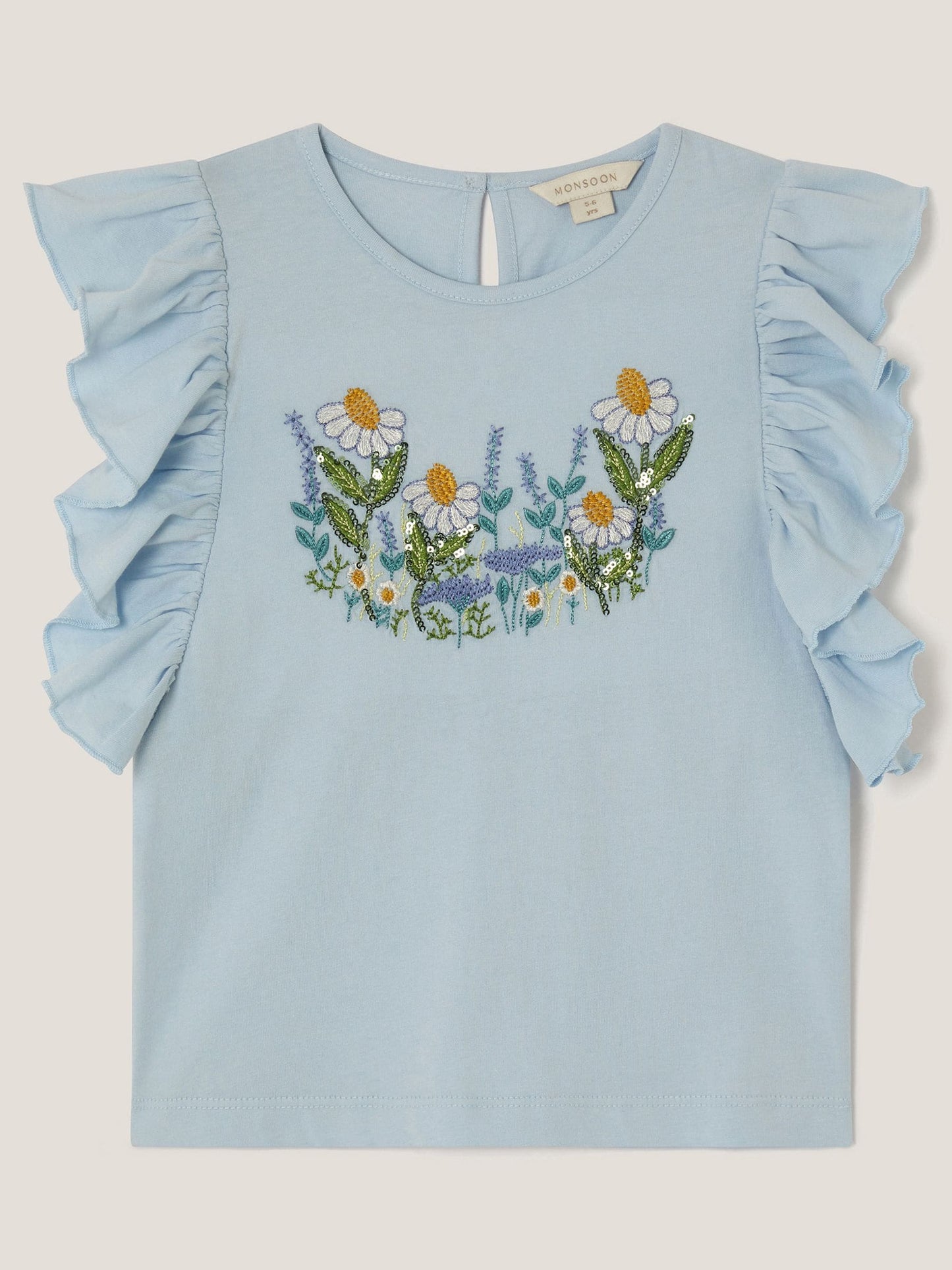 Monsoon Blue Floral Embroidered Frill T-Shirt image 3