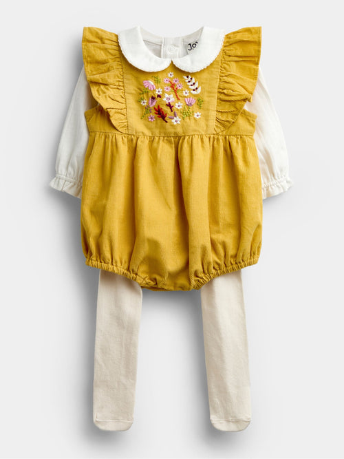 JoJo Maman Bébé Ochre Yellow Floral 3-Piece Romper Set image 1