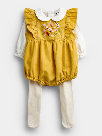 JoJo Maman Bébé Ochre Yellow Floral 3-Piece Romper Set image 1