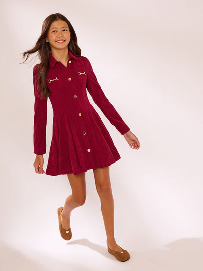 Lipsy Burgundy Red Cord Long Sleeve Collar Dress (5-16yrs) - image 3